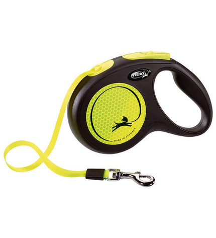 Flexi NEW CLASSIC NEON 5m dog leash in size S, vibrant neon color, made for small dogs, with a durable handle.