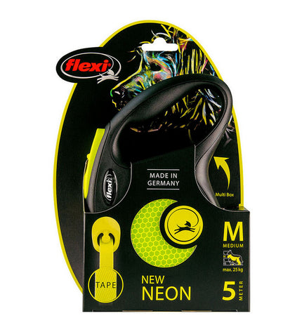 Flexi NEW CLASSIC NEON dog leash in 5m size S, bright neon color, durable nylon strap with handle for small dogs.