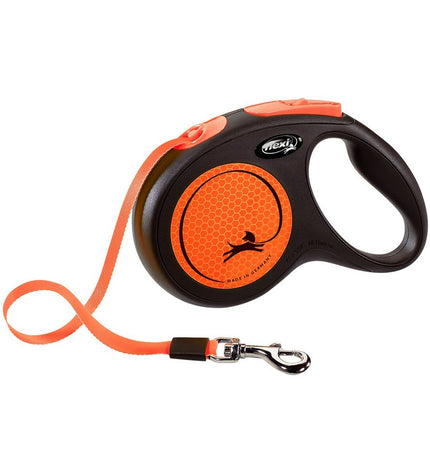 Flexi NEW NEON 5m orange dog leash for medium-sized dogs, showcasing the bright, flexible design and durable material.