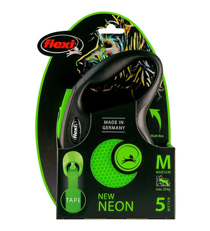 Flexi NEW NEON 5m dog leash in green, medium size, made for dogs, with bright neon color and sturdy design.