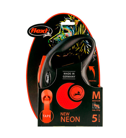 Orange Flexi 5-meter dog leash for pets, featuring a compact design and sturdy retractable cord by Flexi.
