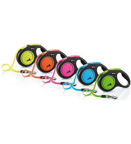 Flexi NEW NEON 5m dog leash in green, compact size S, flexible nylon dog leash for walking pets.