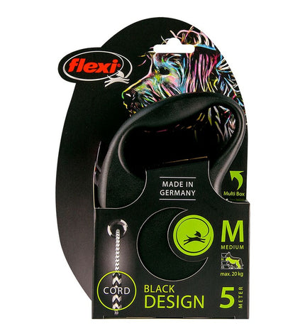 Flexi Black Design XS dog leash with silver accents, lightweight and durable for small dogs, shown extended in a natural outdoor setting.