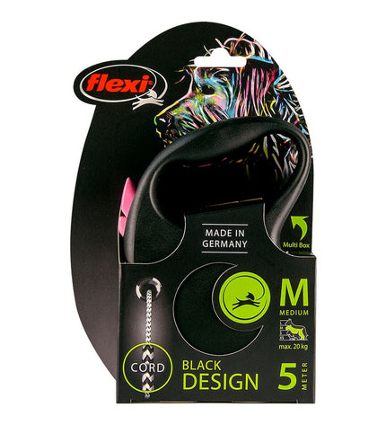 Flexi black design 5m dog leash in pink for small dogs, made of durable material, with a compact handle and secure clip.