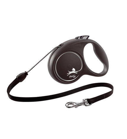 Silver Flexi 5m dog leash, flexible retractable dog lead from Flexi, showing the shiny metallic finish and handle.