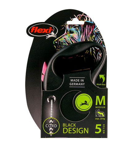Flexi BLACK DESIGN 5 m dog leash in pink, lightweight and durable, suitable for small dogs, with a comfortable handle.