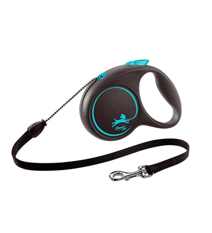 Blue Flexi 5m dog leash with handle and adjustable length, designed for comfortable dog walking and control.