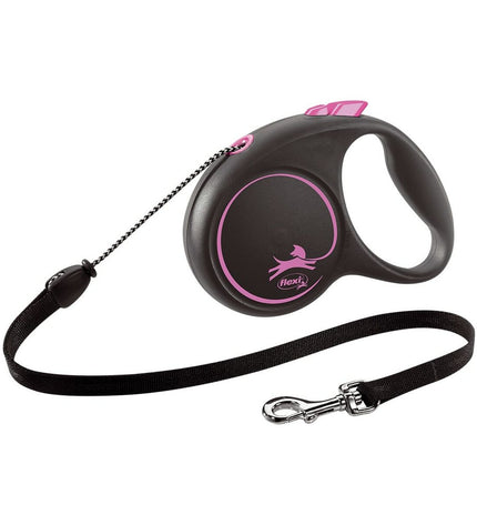 Flexi BLACK DESIGN 5m dog leash in pink, size M, featuring durable nylon and a comfortable handle for easy control.