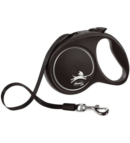 Flexi BLACK DESIGN 5 m dog leash for pets, silver-colored, made by Flexi, shown extended with a dog harness attachment.