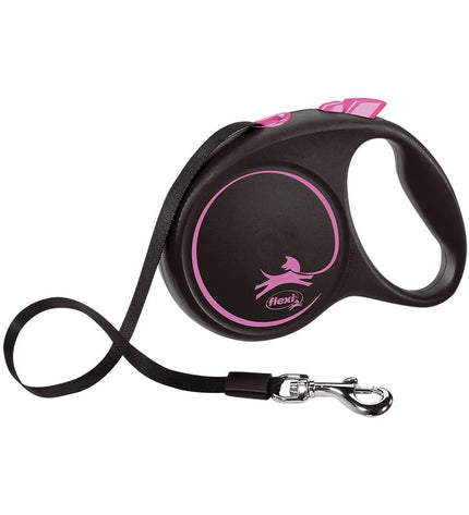 Flexi black design 5m dog leash in pink, size M, durable and flexible for easy control of dogs during walks.