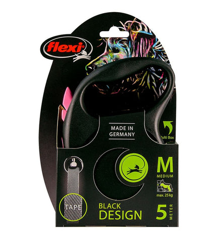 Flexi Black Design 5m dog leash in pink, showing the compact handle and durable retractable nylon cord for medium-sized dogs.