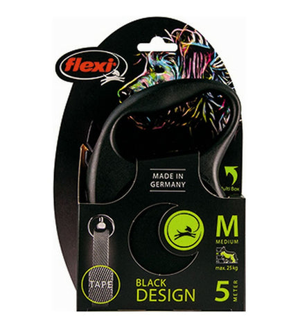 Flexi BLACK DESIGN 5m dog leash in silver color, made by Flexi, with a comfortable handle and durable reel for walking dogs.