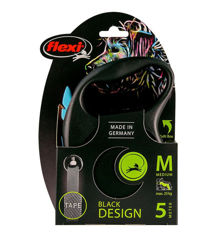 Flexi Black Design 5m dog leash in blue, size L, with durable nylon strap and ergonomic handle for walking dogs.