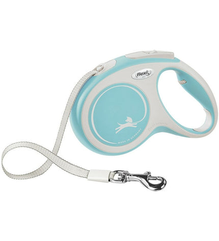 Flexi New Comfort light blue XS dog leash, flexible nylon strap with handle, designed for small dogs from the Flexi brand.