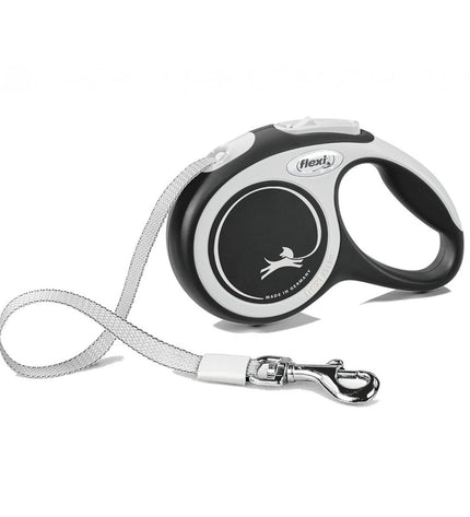 Black Flexi New Comfort dog leash in size XS, 3 meters long, with a black handle and sturdy metal clip for secure walking.