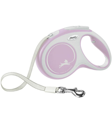Pink Flexi NEW COMFORT dog leash for small dogs, featuring adjustable length and comfortable grip.