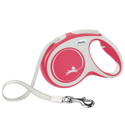 Red Flexi NEW COMFORT 5m dog leash for small dogs, flexible and durable, shown in a close-up of the leash curled on a white background.