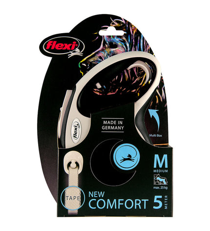Black Flexi NEW COMFORT 5m dog leash in size S, shown with handle and retractable cord for walking dogs.