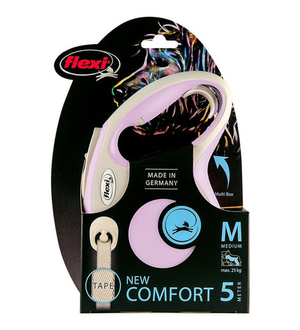 Pink Flexi NEW COMFORT dog leash for medium-sized dogs, durable nylon strap with ergonomic handle.