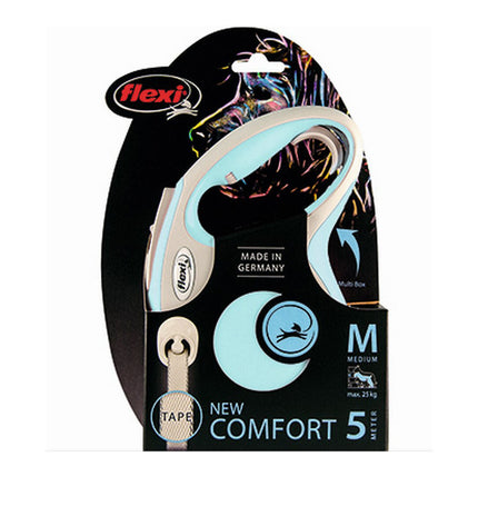 Blue Flexi New Comfort M dog leash, 5 meters long, with a retractable design and comfortable handle for easy walking.
