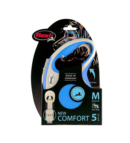 Blue Flexi New Comfort L 5m dog leash with ergonomic handle, designed for comfortable walking and controlled pet management.