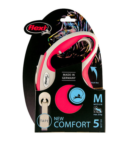 Red Flexi NEW COMFORT 8m dog leash for large dogs, showing the retractable design and sturdy handle on a white background.
