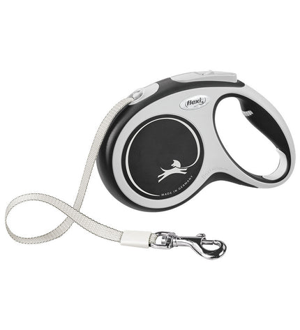 Black Flexi NEW COMFORT 8m dog leash for medium-sized dogs, shown extended with handle and secure clip.