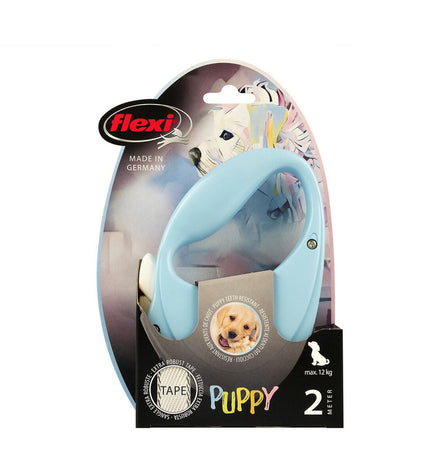 Blue Flexi Puppy 2m dog leash with retractable tape, designed for small dogs, featuring a comfortable handle and sturdy construction.