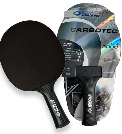 Black Schildkröt CarboTec 3000 table tennis racket with wooden handle, showcasing the paddle's face and grip.
