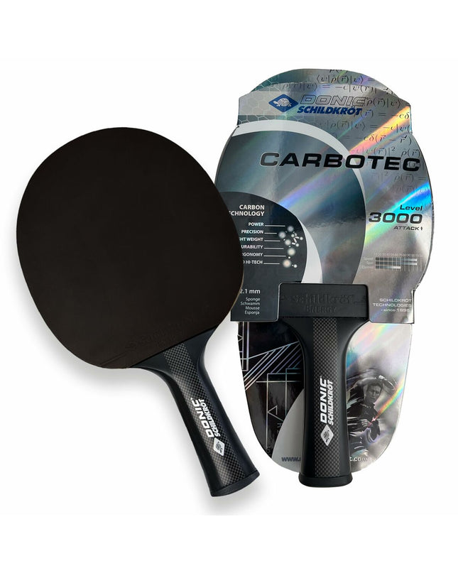 Black Schildkröt CarboTec 3000 table tennis racket with wooden handle, showcasing the paddle's face and grip.