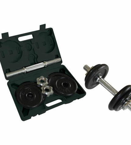 Black Schildkröt 10 kg dumbbells with two parts for fitness and outdoor exercise, shown in a close-up image.