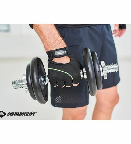 Schildkröt 10 kg black dumbbells with two weight plates for fitness and outdoor strength training exercises.