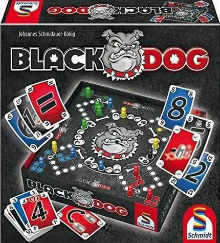 Schmidt Spiele Black Dog board game with colorful game pieces and cards for family fun and strategic play.