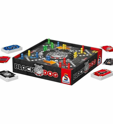 Schmidt Spiele Black Dog board game with colorful game pieces and box, suitable for family fun and strategic play.