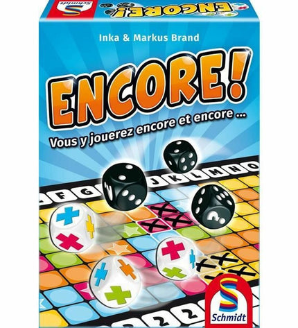 Schmidt Spiele Encore! board game box, 14 x 5 x 19 cm, featuring colorful game artwork and included game components.