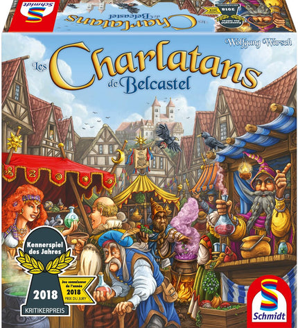Schmidt Spiele Charlatans de Bescastel board game box, 30x8x30 cm, colorful artwork, designed for family and party gameplay.