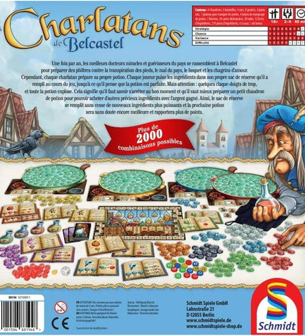 Schmidt Spiele Charlatans de Bescastel board game box, 30x8x30 cm, featuring colorful artwork and game components inside.
