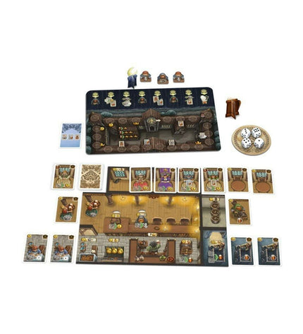 Schmidt Spiele Les Taverne de la Vallée Profonde board game with colorful game pieces and illustrated game board.