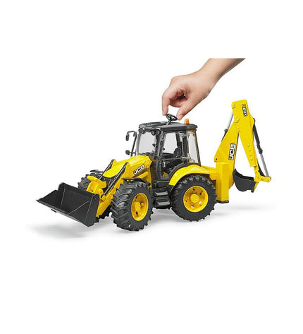 Bruder toy excavator, a detailed plastic construction vehicle for children, featuring realistic design and bright yellow color.