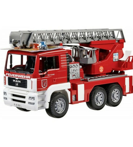 Bruder MAN TGA fire truck toy, detailed miniature fire engine with realistic features, designed for children's play and collection.
