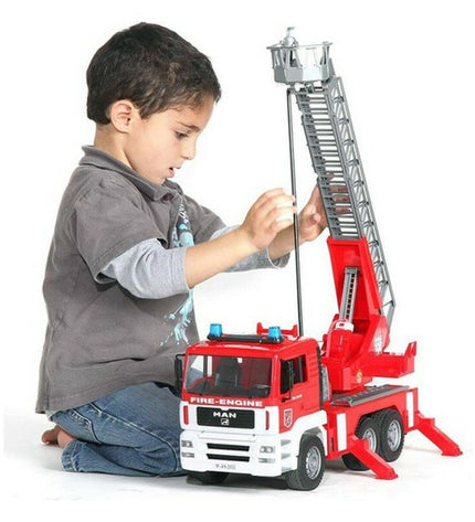 Bruder MAN TGA fire truck toy vehicle for children, detailed red fire engine with realistic features and branding.