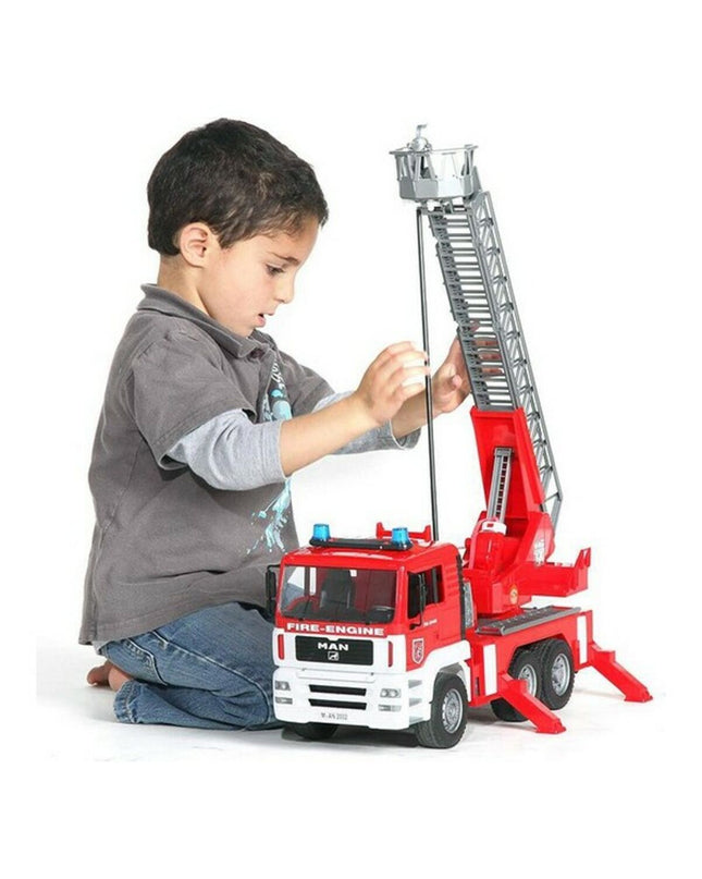 Bruder MAN TGA fire truck toy vehicle for children, detailed red fire engine with realistic features and branding.
