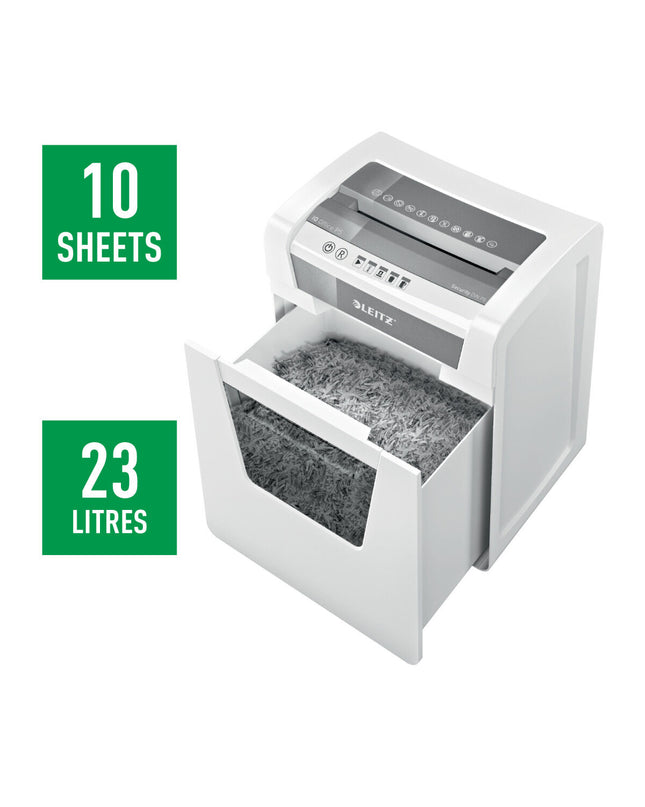 Leitz Microsnippers paper shredder for office use, compact electronic office tool with safety features and ergonomic design.