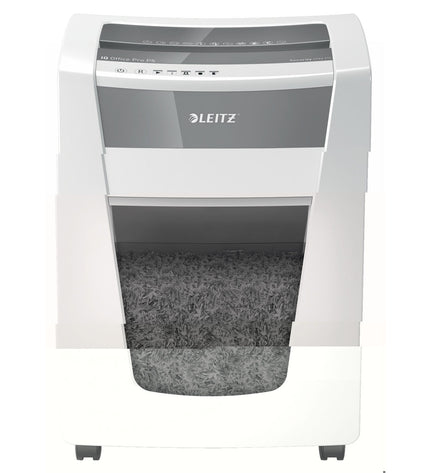 Leitz Office Pro P5 paper shredder Microsnippers Leitz IQ 30 L for office and stationery use, shown on a desk.