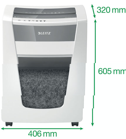 Leitz Office Pro P5 micro shredder for office use, compact paper shredder with Leitz IQ technology, shown with paper documents.