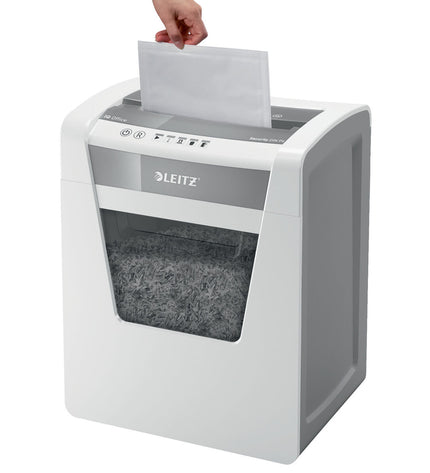 Leitz paper shredder for office use, compact electronic office equipment, white and gray plastic design with shredder slot