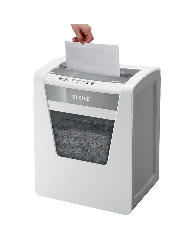 Leitz paper shredder for office use, compact electronic office equipment, white and gray plastic design with shredder slot
