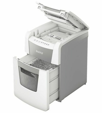 Leitz IQ 100 Autofeed paper shredder for office use, black electronic office equipment with paper input tray.