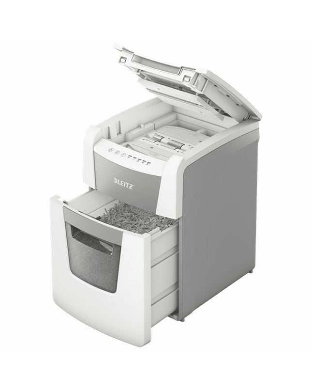 Leitz IQ 100 Autofeed paper shredder for office use, black electronic office equipment with paper input tray.