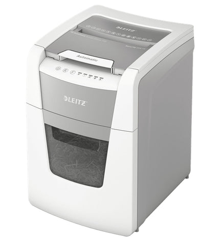 Leitz IQ 100 Autofeed paper shredder microsnippers for office use, showing compact design and cutting mechanism.